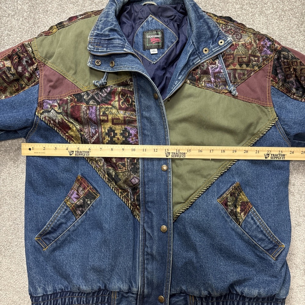 Vintage 80's 90's Women's Large Denim Bomber Jacket Patchwork Geometric Retro - Picture 3 of 9